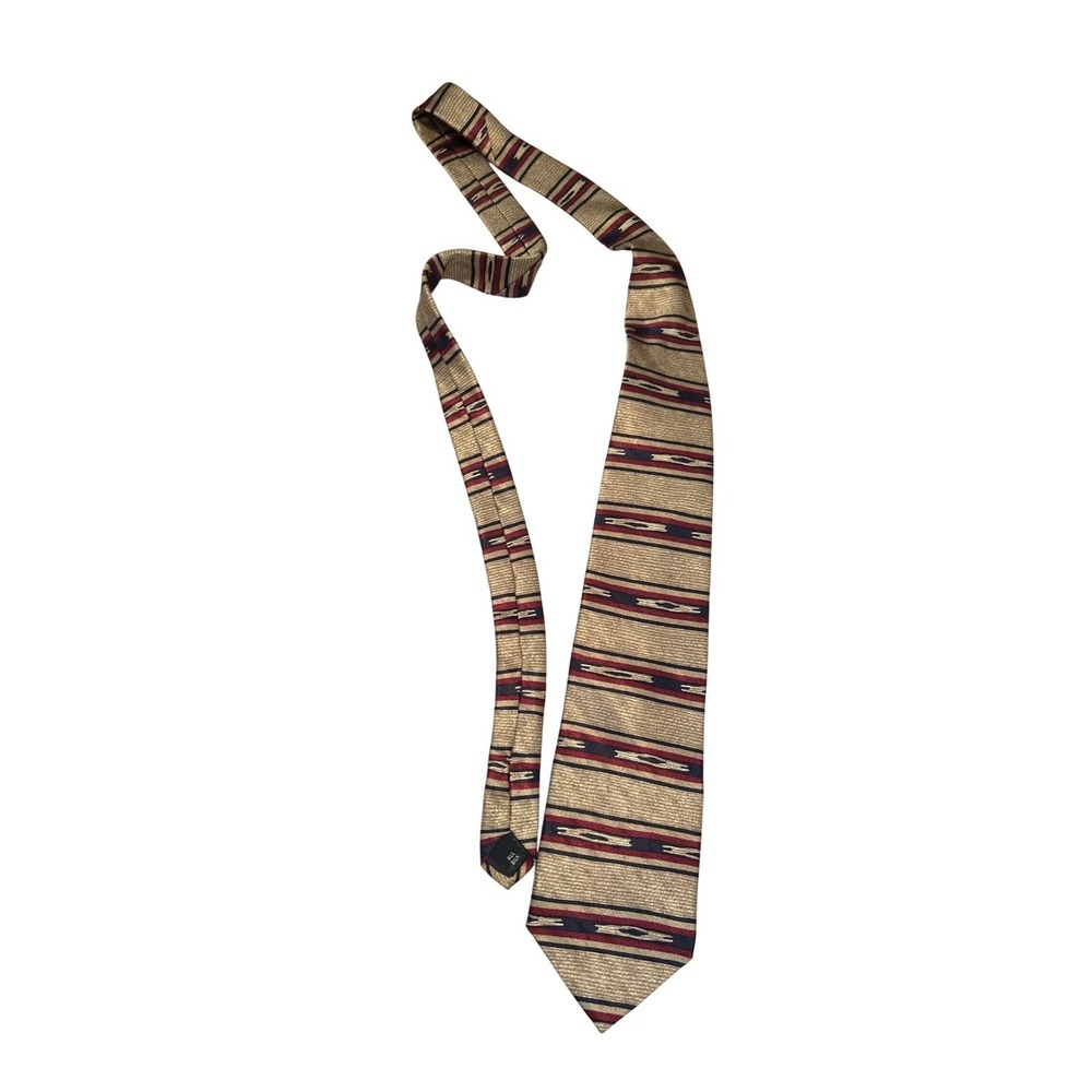 Tom James Men Silk Tie Gold Burgundy Navy Blue Striped Geometric Classic 59x3.75